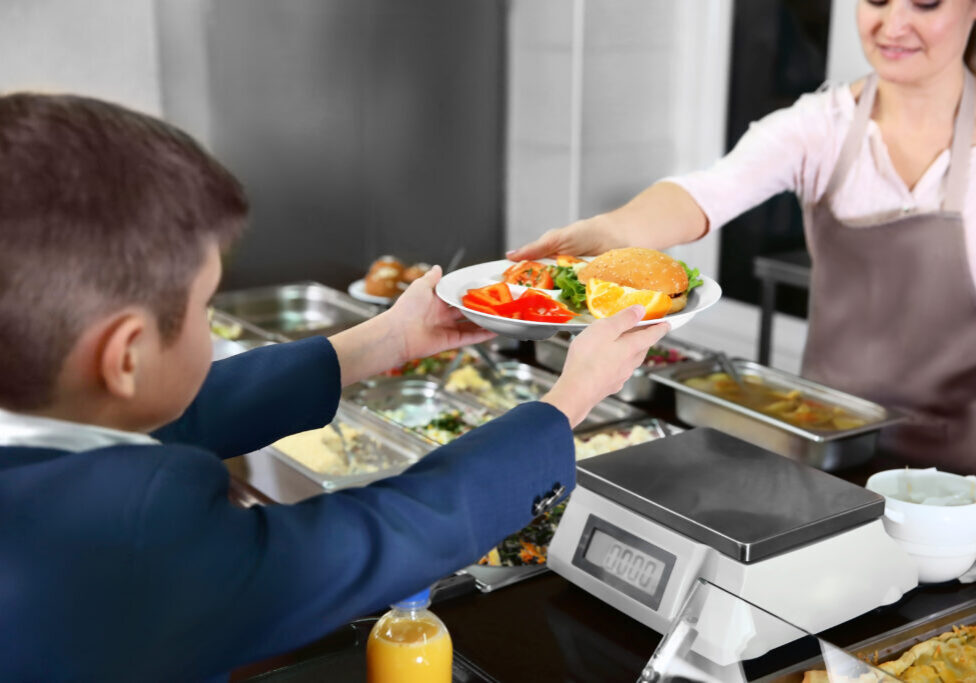 Pleasant woman giving lunch to school boy in cafeteria