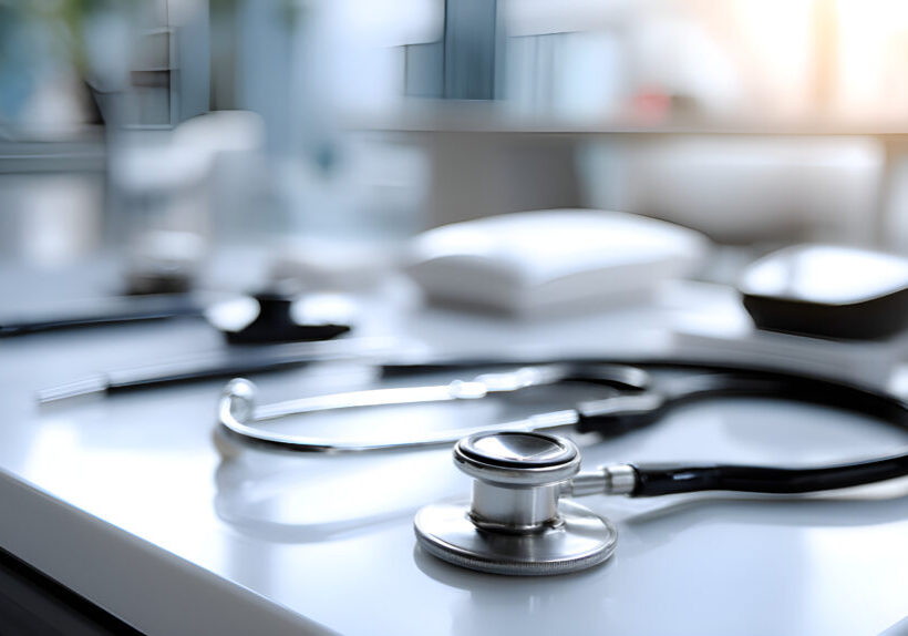 Stethoscope is lying on a desk in a doctor's office, surrounded by other medical instruments, symbolizing healthcare and medical services