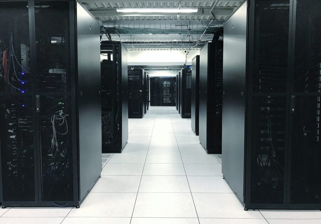 row of server racks or network device racks in data center.Data