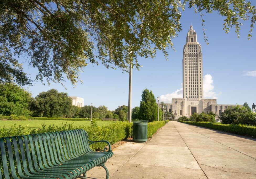 A horizontal composition of the front entrance area at the State Capital Building Baton Rouge Louisiana