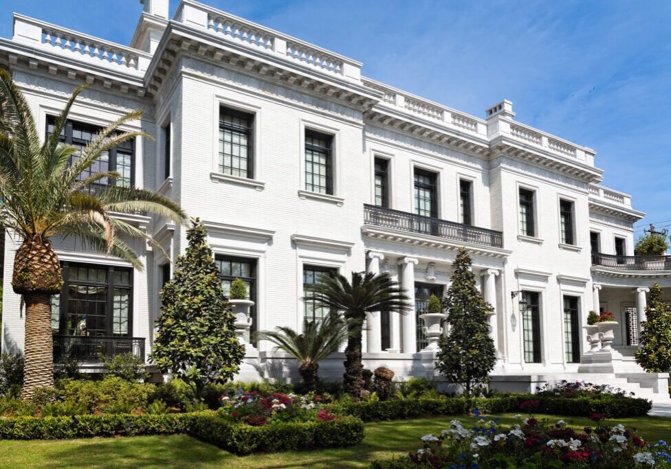 An old white stone mansion in Savannah, Georgia