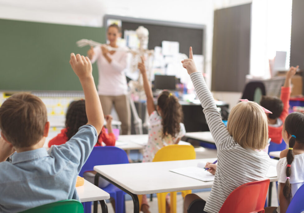 School kids raising hands while teacher explaining the functioni