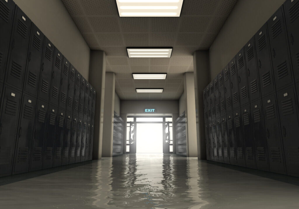 A look down a dimly lit hallway of school lockers towards an open entrance or exit door - 3D render