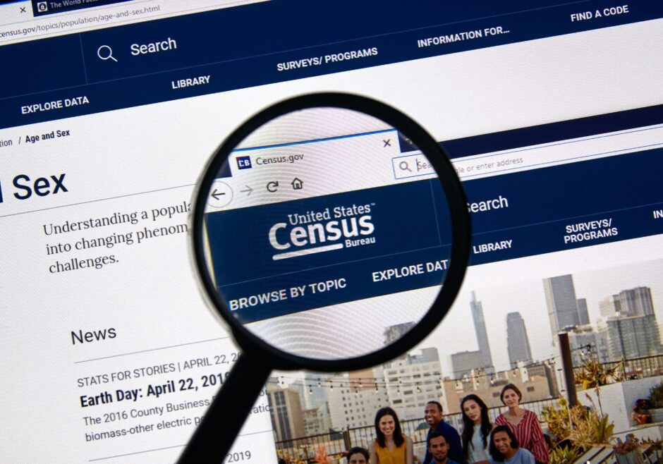 MONTREAL, CANADA - APRIL 24, 2019 : Census.gov USA Government home page under magnifying glass.