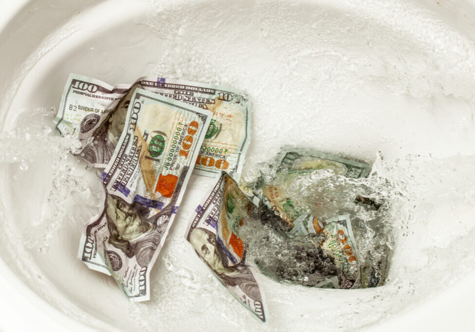 Loss of money. Bad investment or investment. Cash dollars are flushed into the toilet.