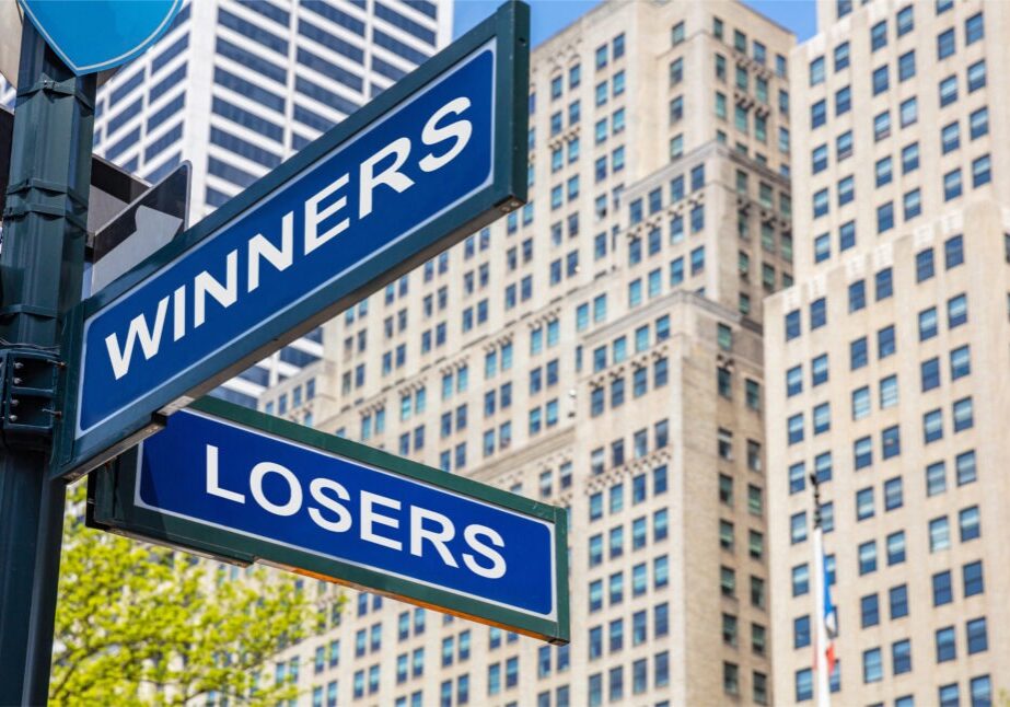 Winners losers crossroads street sign, blue color road sign. Win, lose choice decision concept. Highrise buildings background,