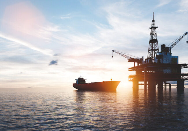 Oil platform on the ocean. Offshore drilling for gas and petroleum or crude oil. Industrial