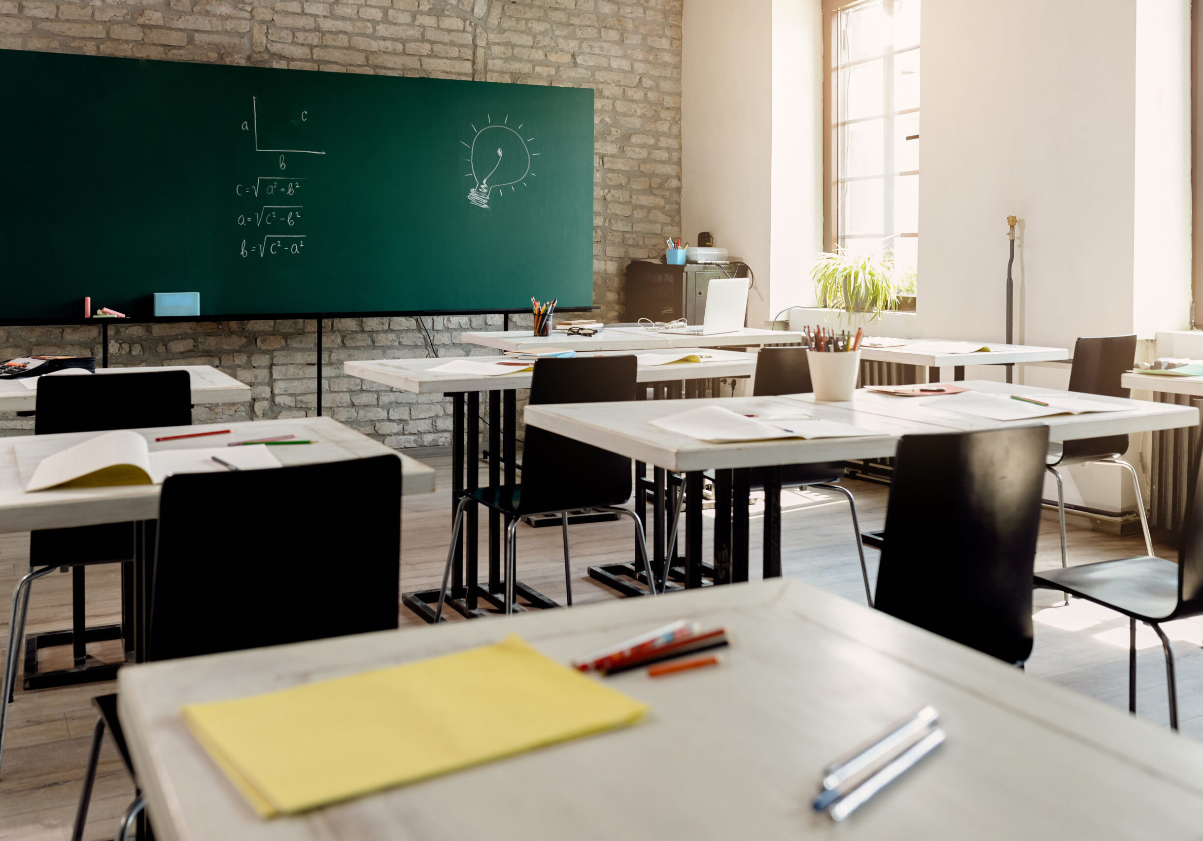 Empty classroom with no people during coronavirus epidemic.