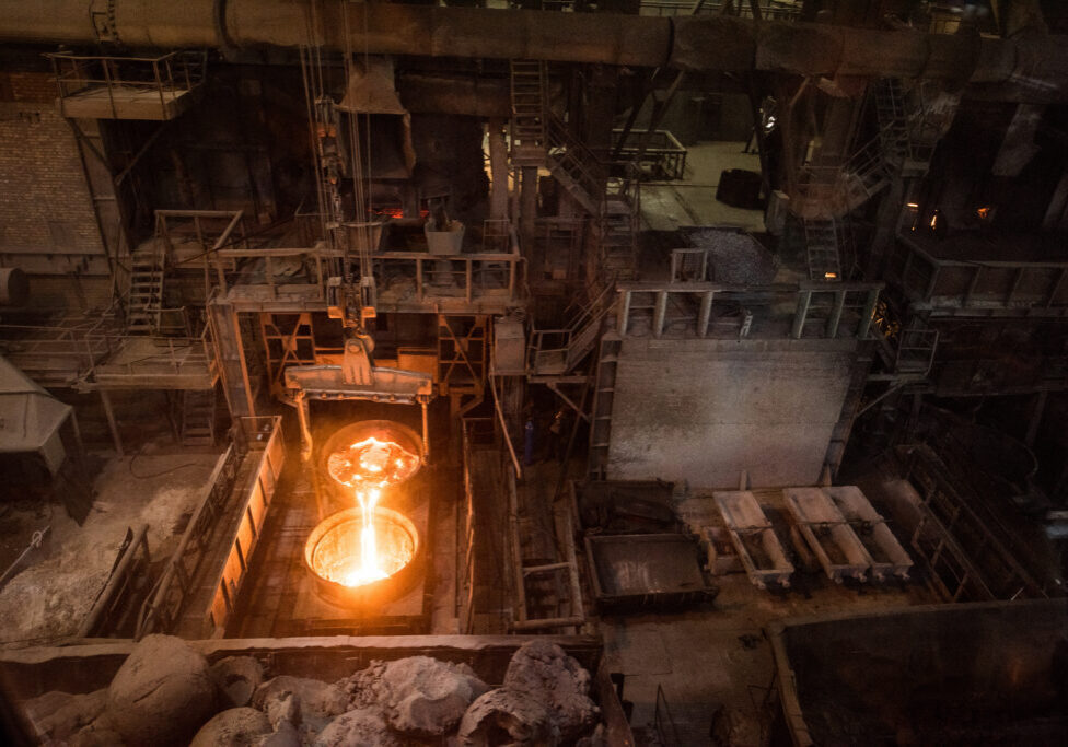 Tank pours liquid metal at the steel mill