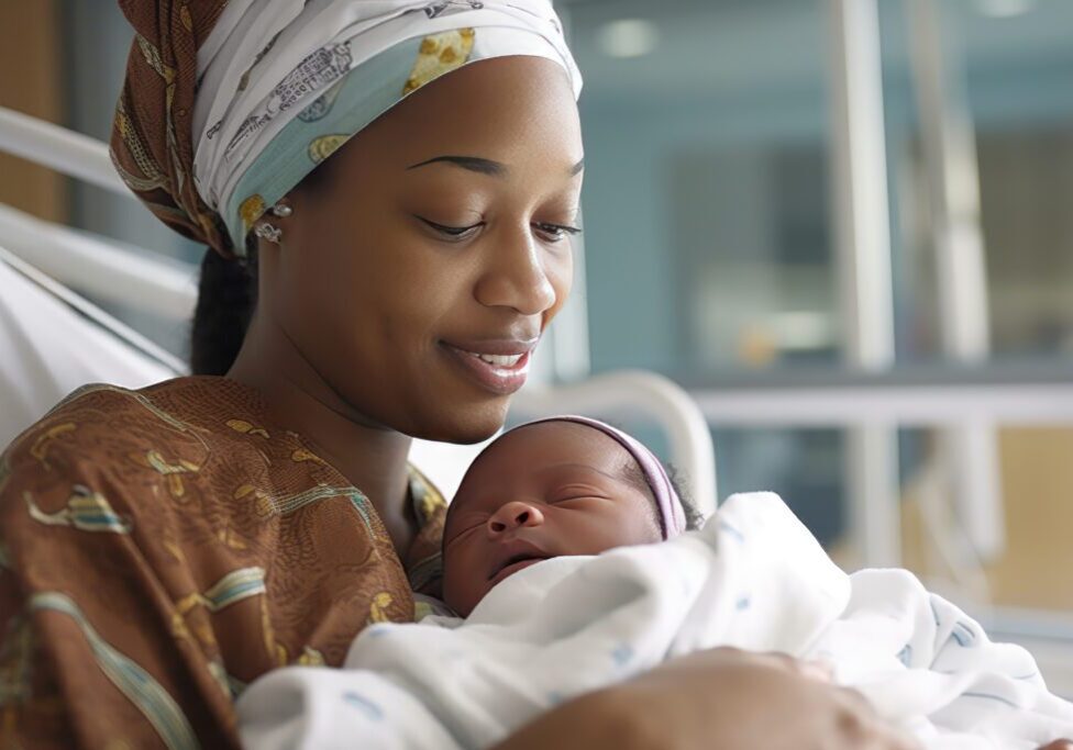 African mother with her newborn baby in a hospital bed. Generative AI.