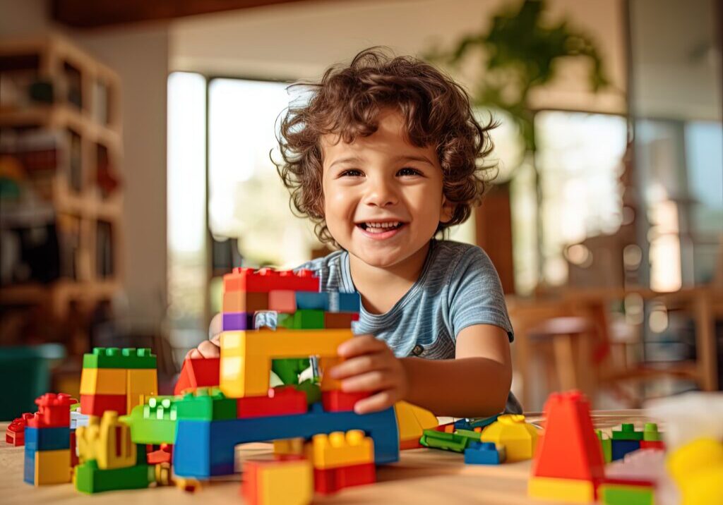 young kid playing with blocks at home, ai generated, strong facial expression, cheerful colors