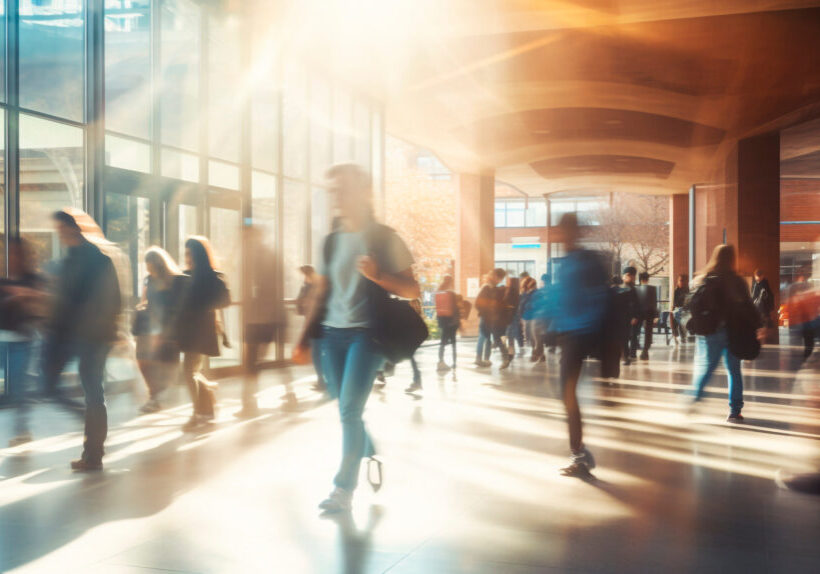 A bustling university or college environment where students are seen walking to their classes. Generative AI