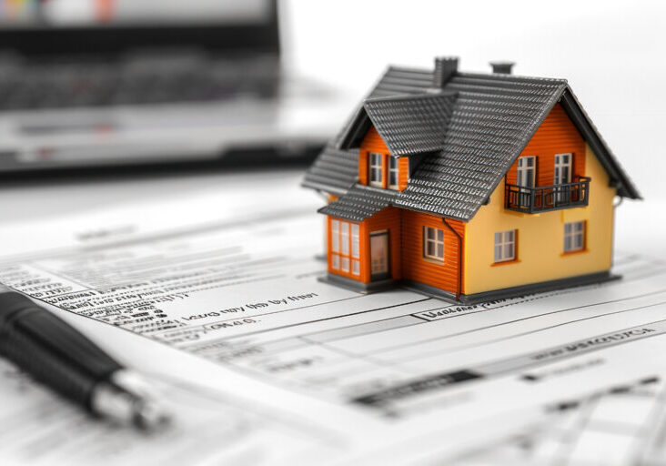 House model, tax forms, pen, laptop Concept of real estate finance and taxes preparation in modern digital era
