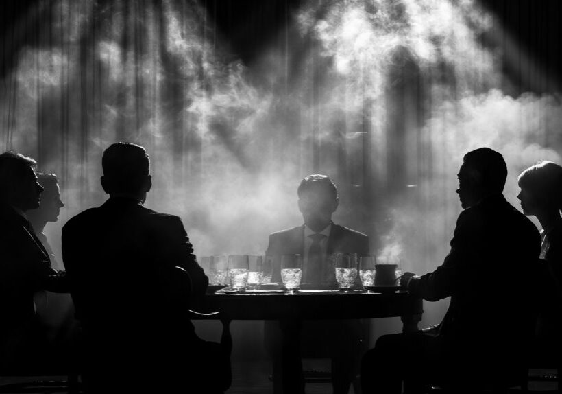 Black and white illustration of a secret meeting, a group of business people sitting at a table in the smoke. Mafia. Silhouettes of office workers.