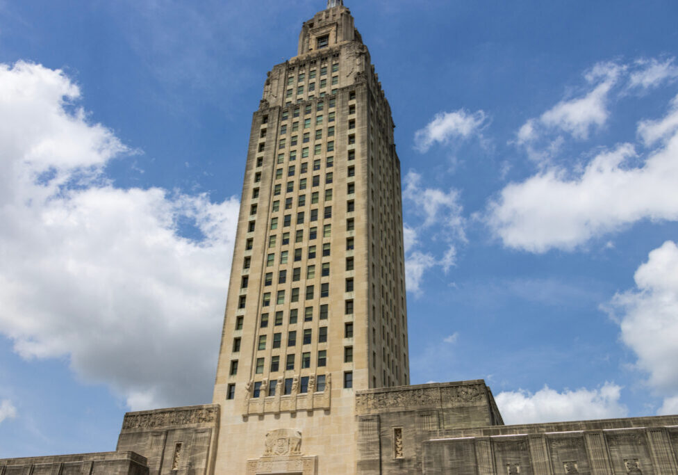 The Louisiana State Capitol building with blue sky and clouds in Baton Rouge Louisiana USA