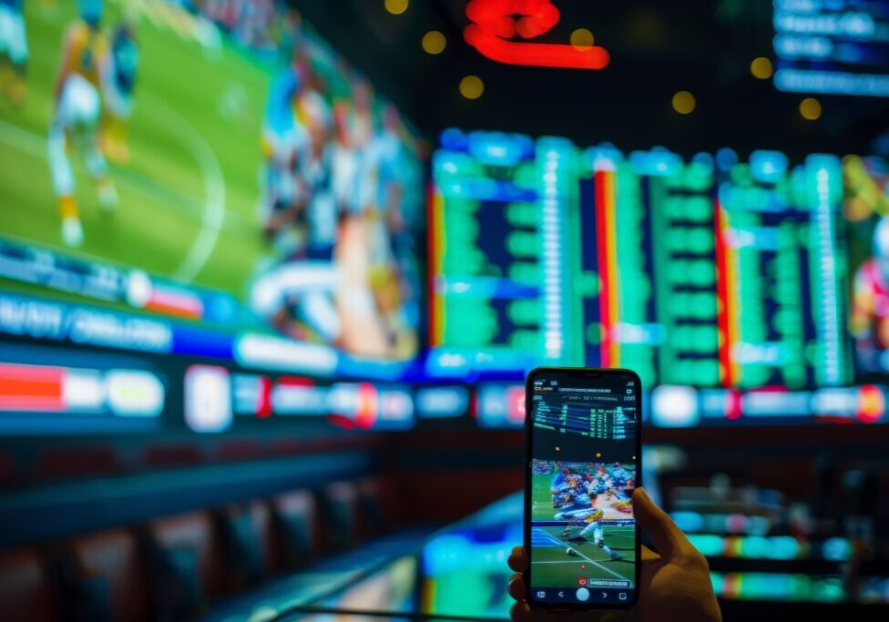Sports betting. Mobile phone screen against background of sports competition analysis charts. Display of bets, winnings, losses on screen. Bookmakers, betting, prediction, luck.