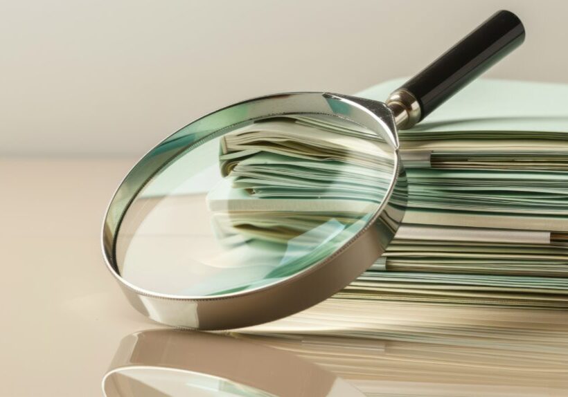 Magnifying glass over a stack of documents.