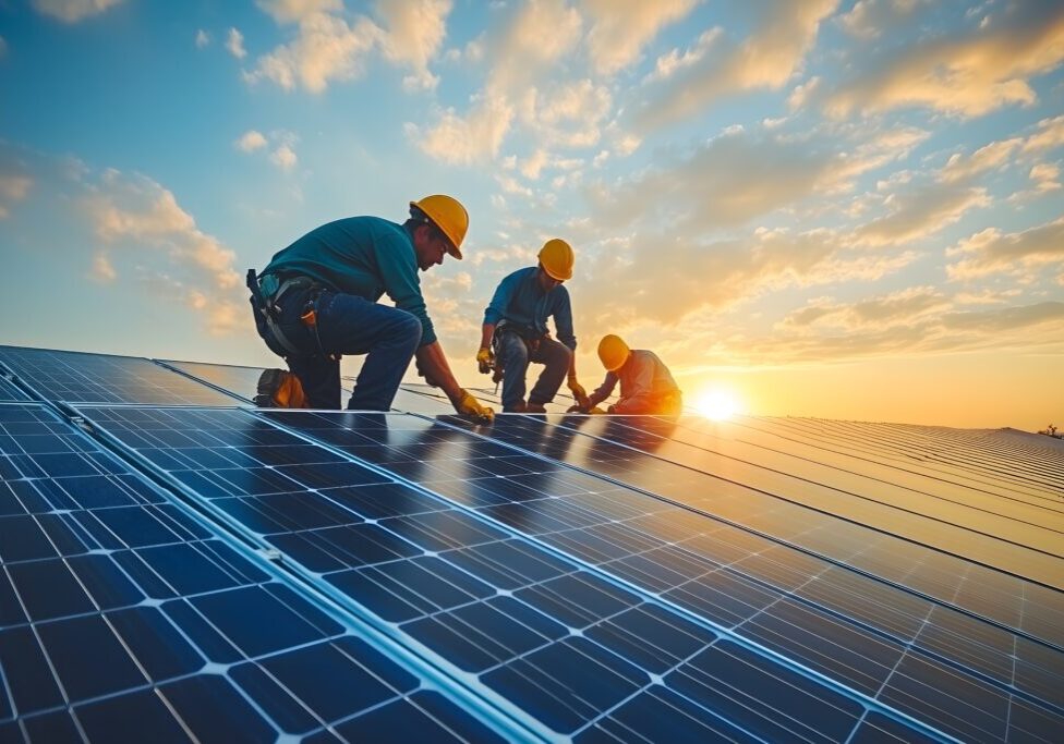 Team of engineers and technicians working on photovoltaic solar power plant Team of engineers and technicians working on photovoltaic solar power plant
